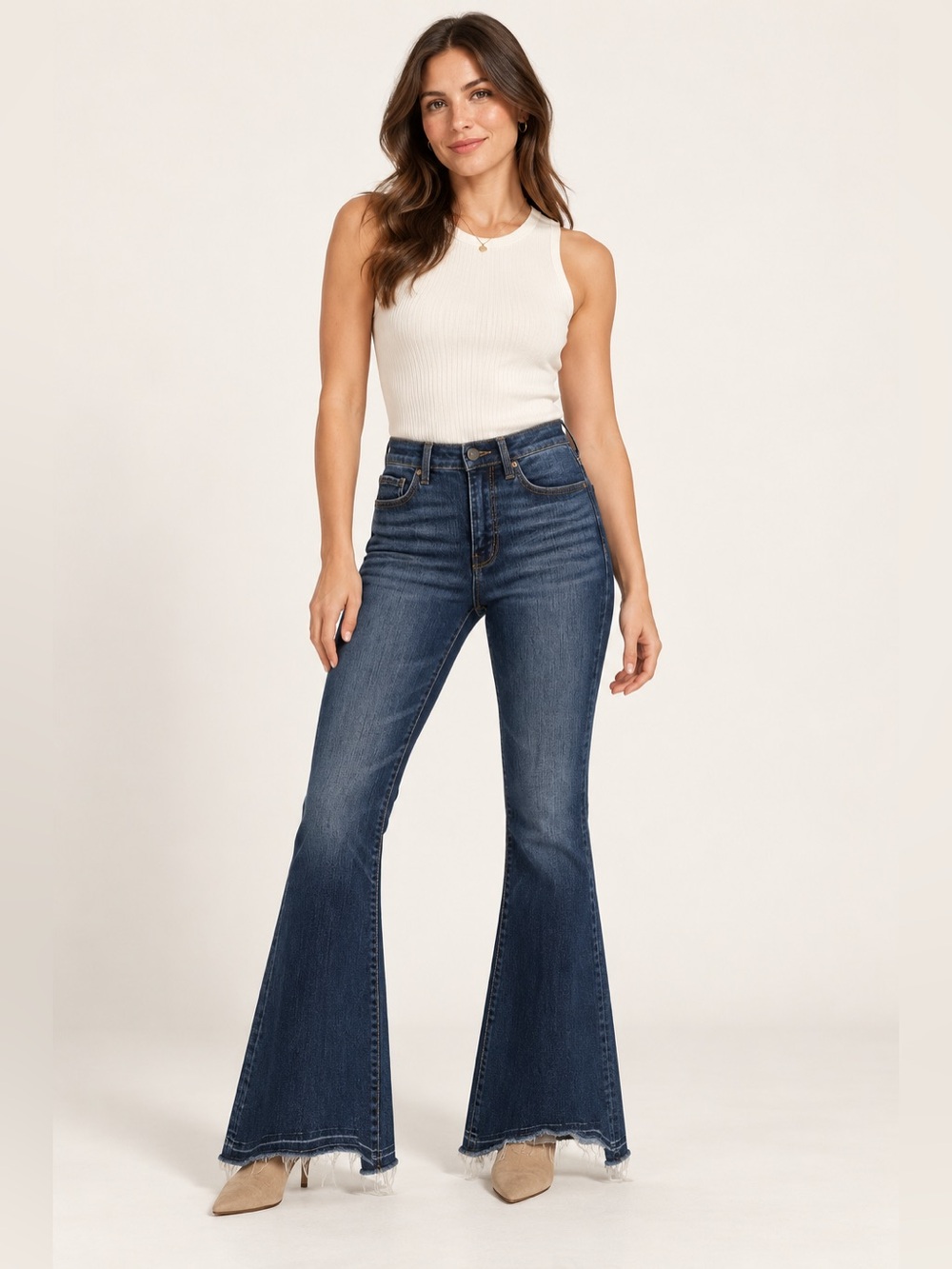 BKE Billie Women’s High Rise Super Flare Jeans 25x30 Dark Wash Frayed Hem